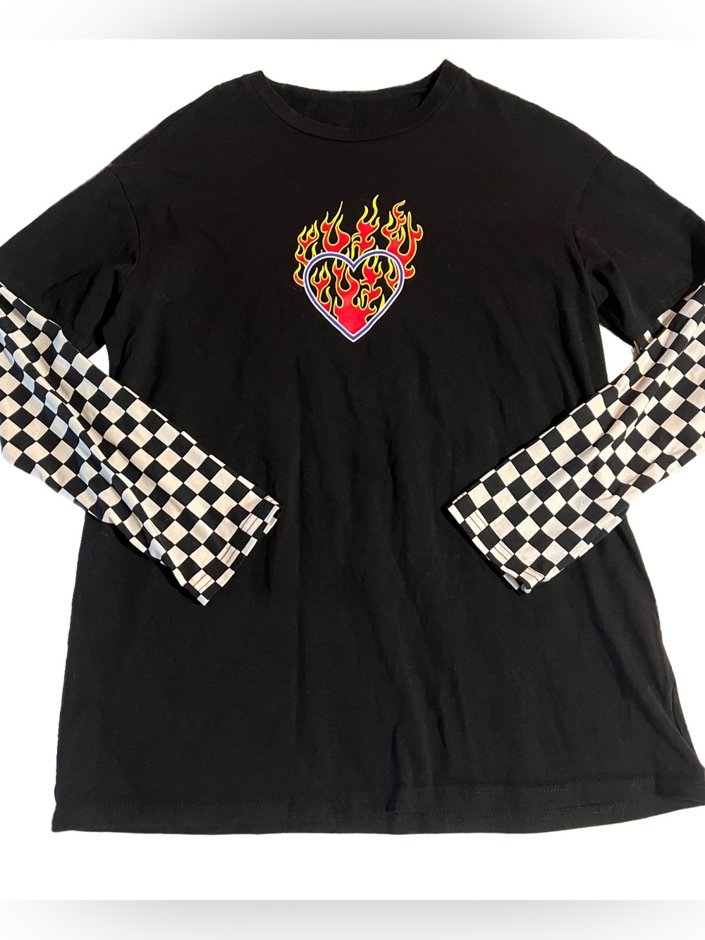 Long Sleeve Checkered Shirt w/ Flaming Heart Graphic❤️‍🔥